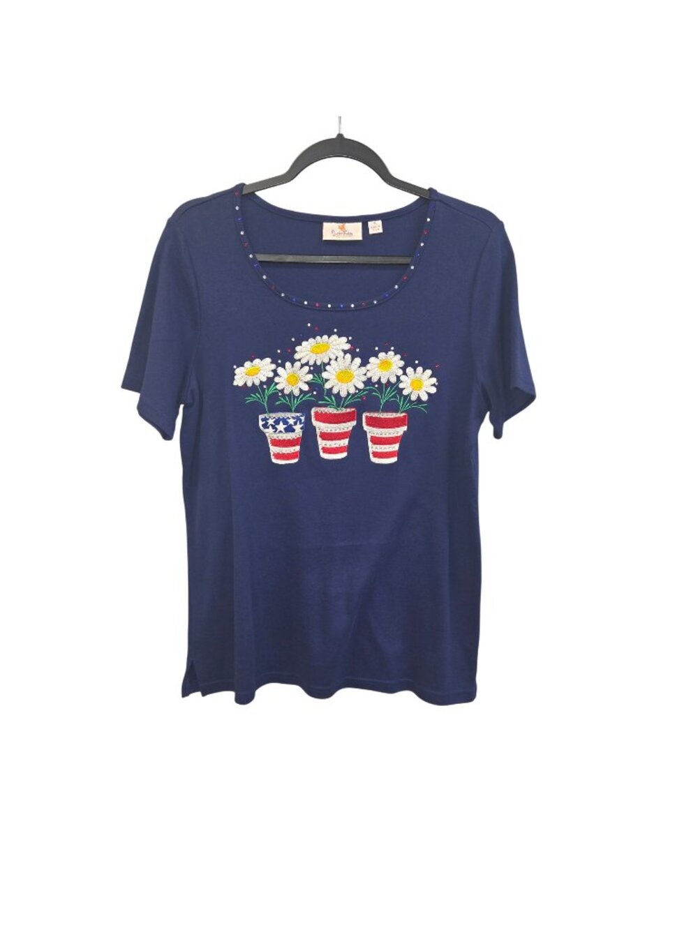 Quacker Factory Womens S Navy Blue Daisy Embroidered Top With Patriotic Flowerpo